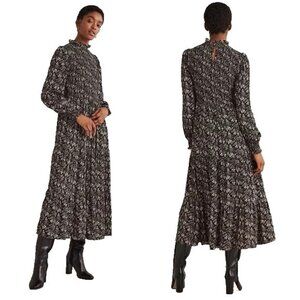 Boden Women Midi Dress UK 16 US 12 Navy Blue Floral Smocked Tiered D0306 NWT